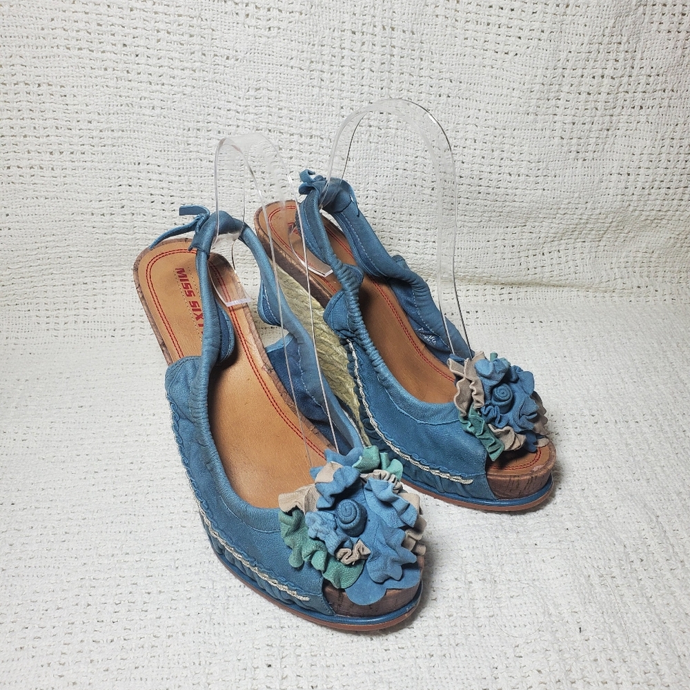 Miss Sixty Tamara Women's Blue Wedge Sandals with Floral Detail Size 39
